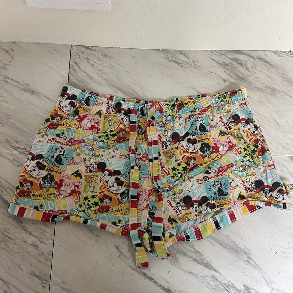 Disney Parks Womens Medium Pajama Shorts Comic Mickey Minnie Bambi Figaro Cotton